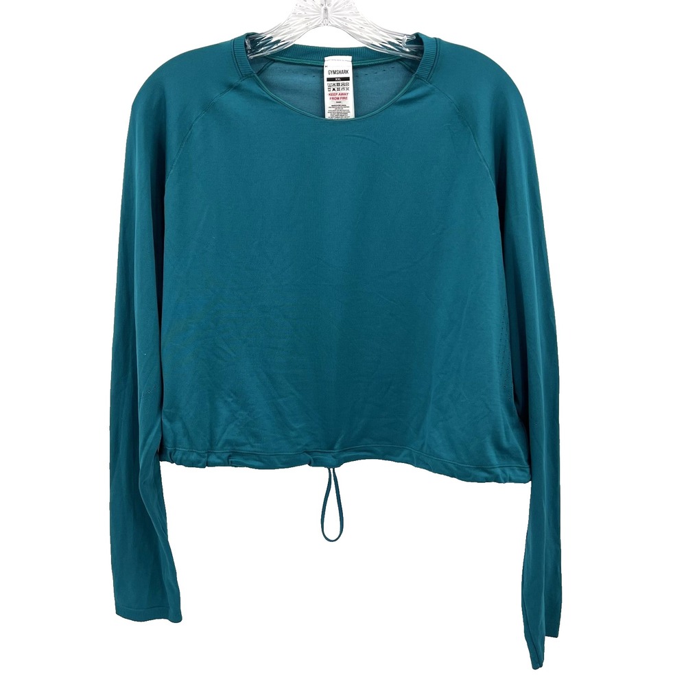 GYMSHARK Women's XXL Teal Long-Sleeve Cropped Drawstring Hem/Cinch Waist Shirt